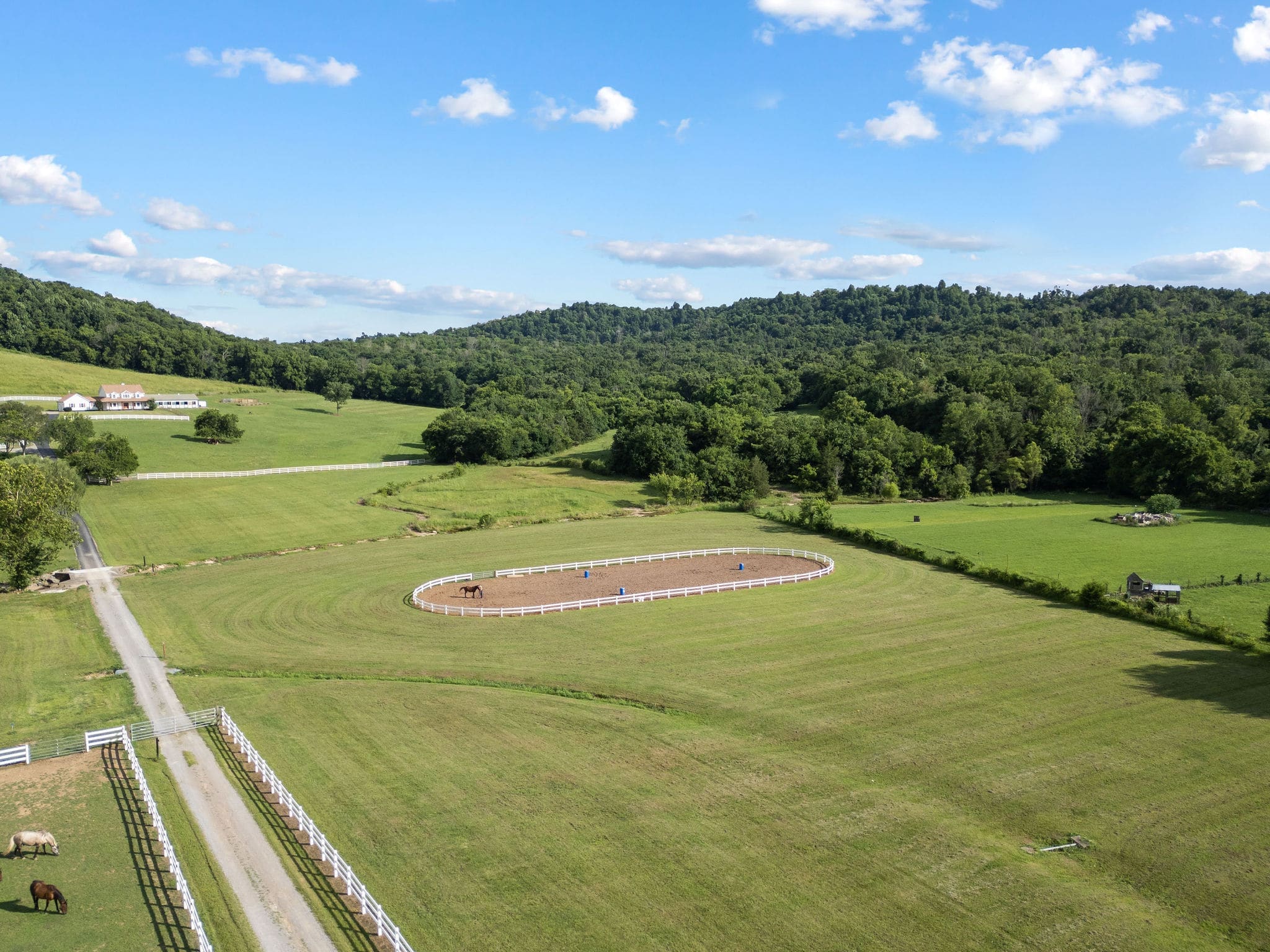 Aerial of the round pen with a horse standing in it, white fence, rolling hills, distant farmhouse