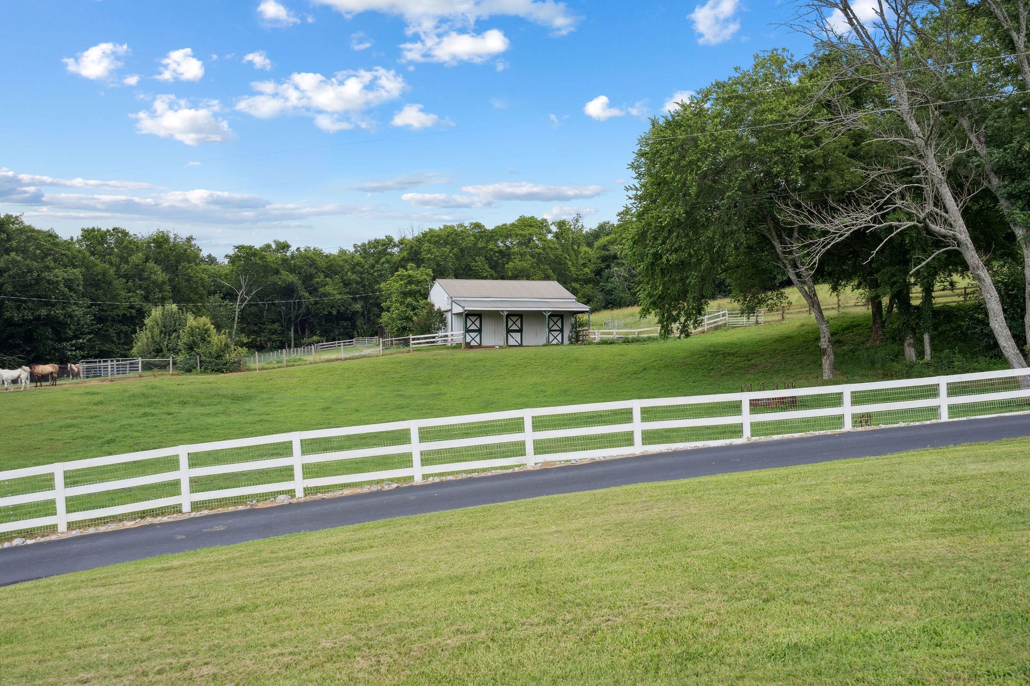 A white stable building on a hilltop with classic stable doors, white fencing, and horses grazing far across the pasture